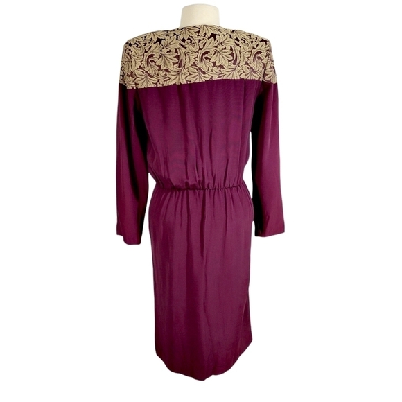 Vintage 80s Alexis Maroon & Gold Brocade Long Sleeved Blouson Dress - Picture 5 of 7